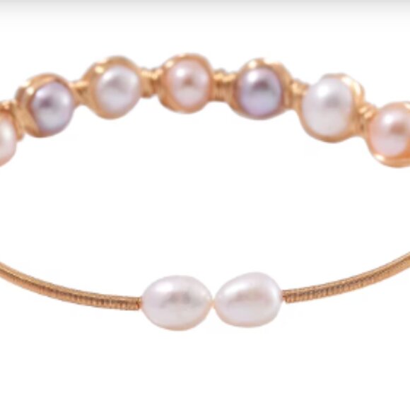 Multi Color Freshwater Pearl Bangle Bracelet in Goldtone (Adjustable) - Picture 5 of 5